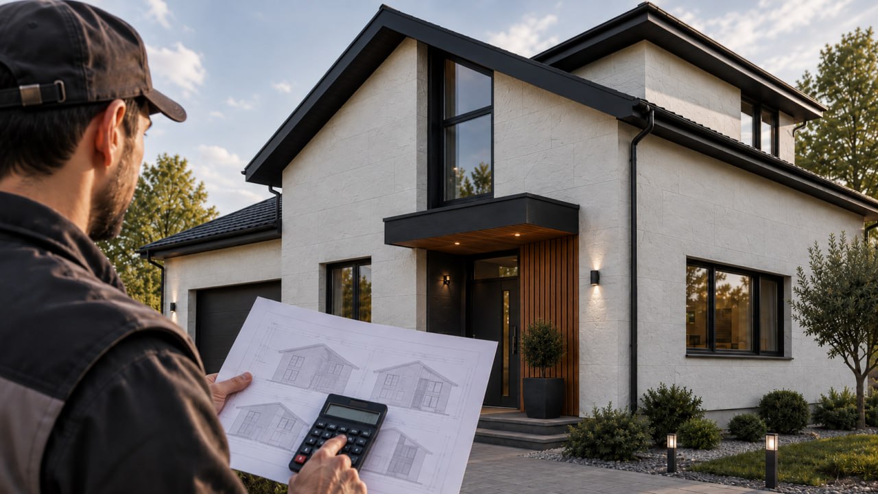 Specialist with a calculator and facade drawings in front of a house with a white finish and a black roof
