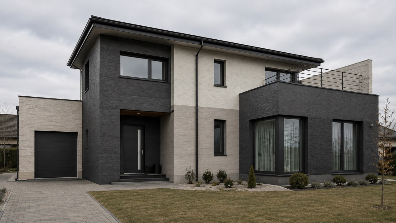 Facade in KORDEKO flexible panels with a stone texture, coordinated with the roof and windows