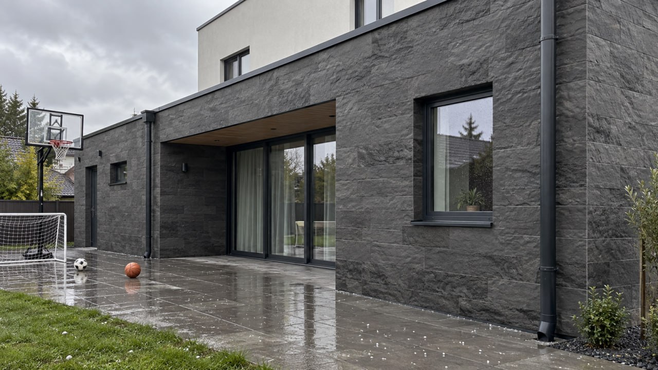 Grey-graphite flexible stone facade next to a play area, with balls on the wet paving and fallen hail