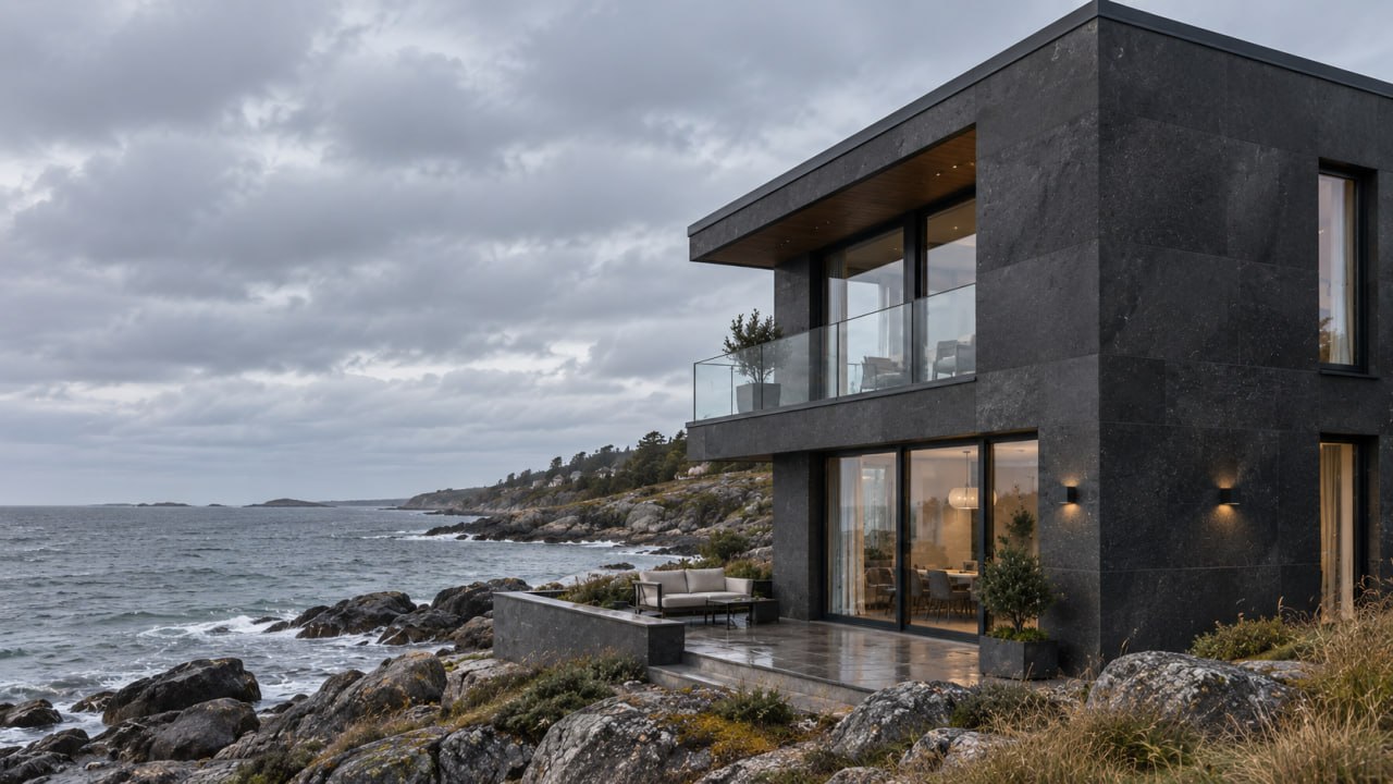 Facade of a seaside house clad in KORDEKO flexible stone, with the plinth and corners protected from salt