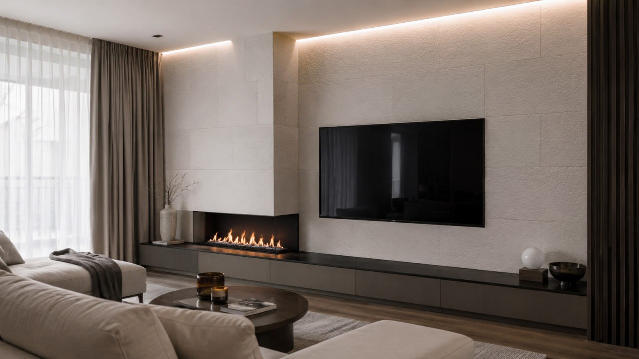 Flexible panels indoors: living room, fireplace and TV zone