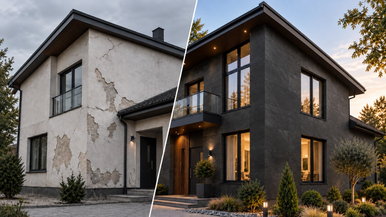 Facade comparison: cracked and peeling render on the left, KORDEKO finish with a dark stone texture on the right