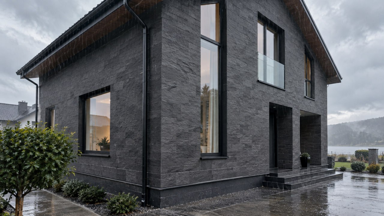 Modern house clad in grey-anthracite flexible stone in the rain, with a downpipe on the corner, a protected plinth and wet paths