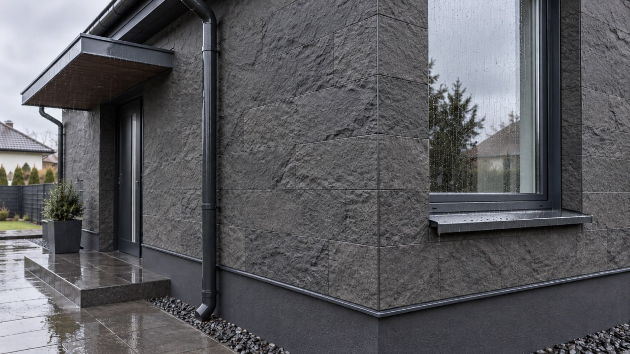 Façade en pierre flexible anthracite sous la pluie, avec appui métallique sous la fenêtre, auvent à l'entrée et descente d'eau